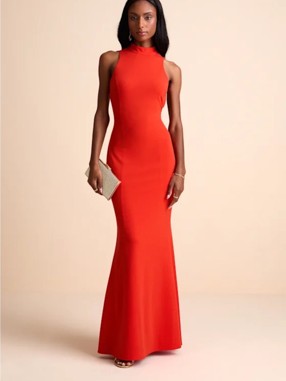Lulu's Vibrant Orange High-Neck Sleeveless Maxi Dress